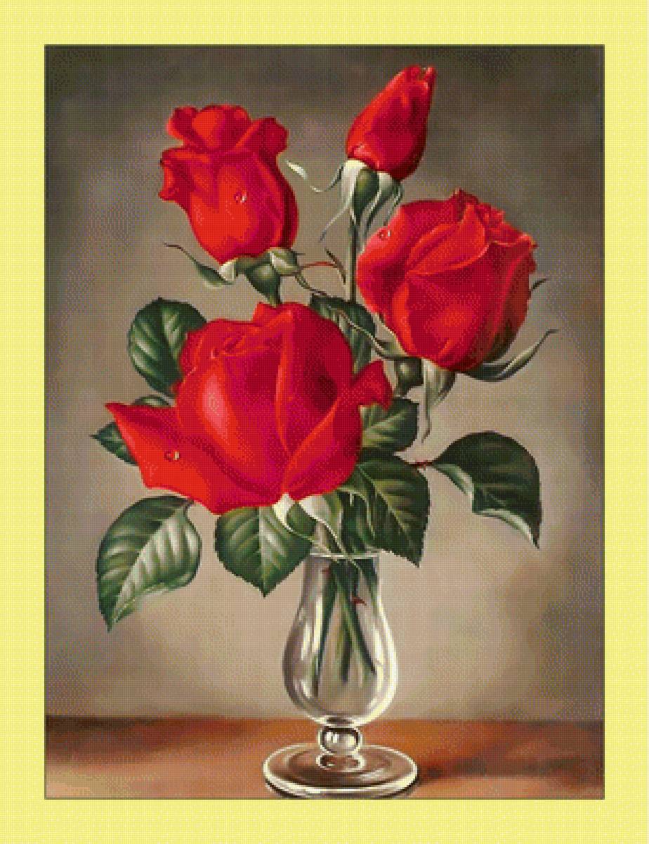 Красные розы. - цветы, букет, розы, живопись - предпросмотр