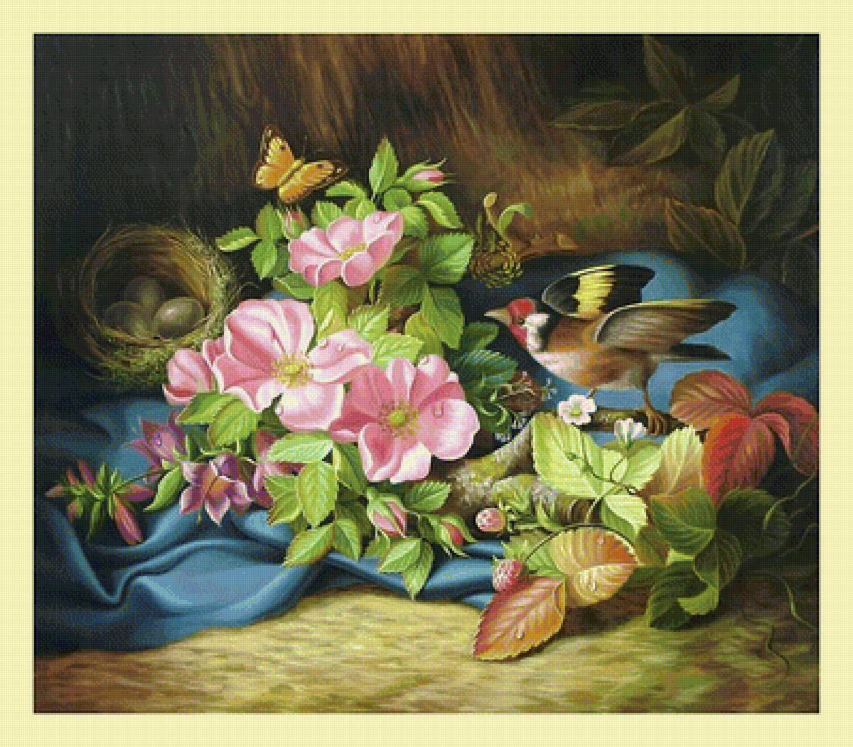 Цветочный натюрморт с птичкой. - птицы, бабочка, живопись, натюрморт, цветы, ягоды - предпросмотр