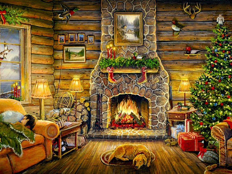 Рождественская ночь - подарки, елка. рождество, камин, праздник, собачка - оригинал