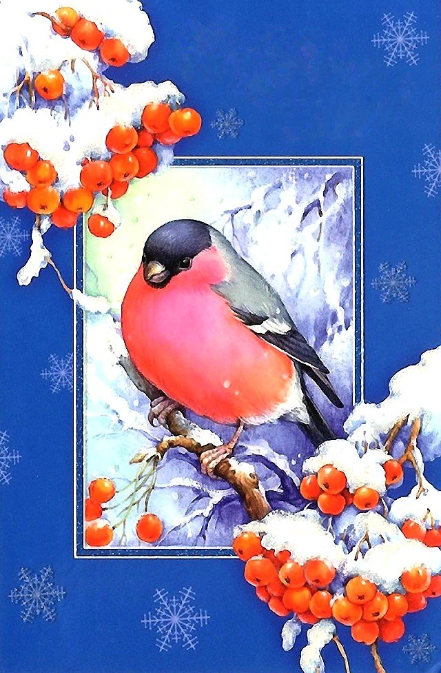 новогодняя открытка - зима, снег, снегирь, рябина - оригинал