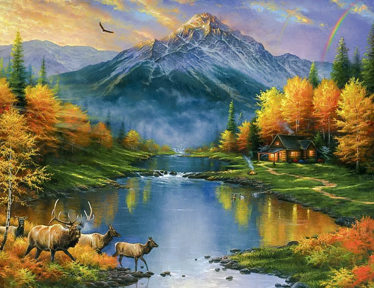 Mountain Retreat. - abraham hunter paintings. landscape.animals. - оригинал