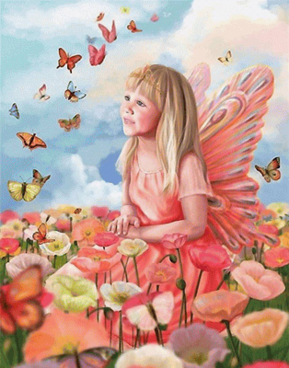 Фея и бабочки - девочка, бабочки, цветы, фея - предпросмотр