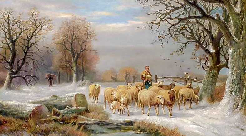 Sheperdess with her Flock in Winter. - alexis de leeuw painter.snowscenes.people.animals. - оригинал