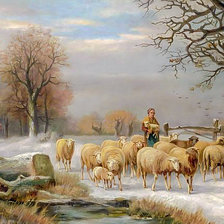 Sheperdess with her Flock in Winter.