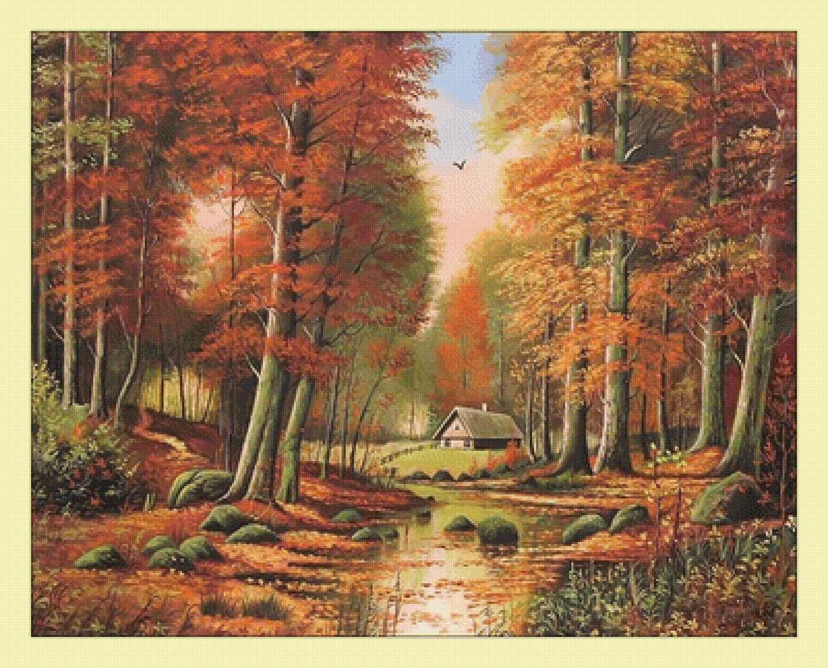 Золотая осень. - осень, лес, река, живопись, пейзаж - предпросмотр