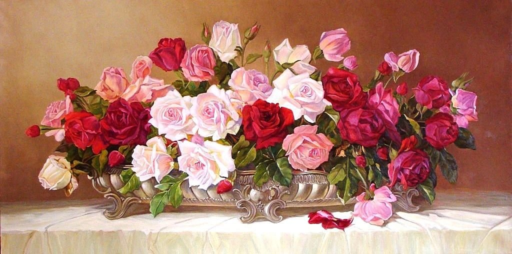 Розы в серебряной вазе - букет, розы, цветы - оригинал
