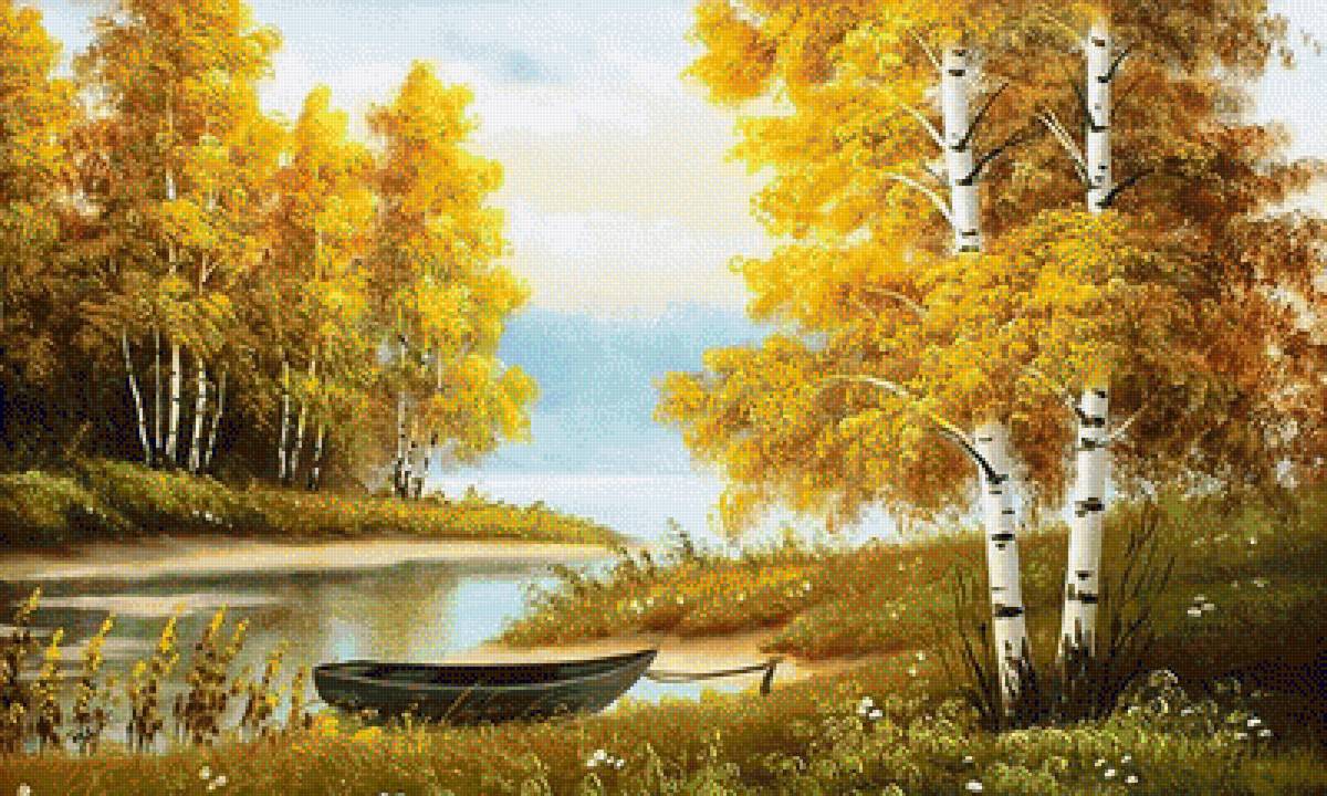пейзаж - пейзаж, природа, осень, березы, река, лодка - предпросмотр