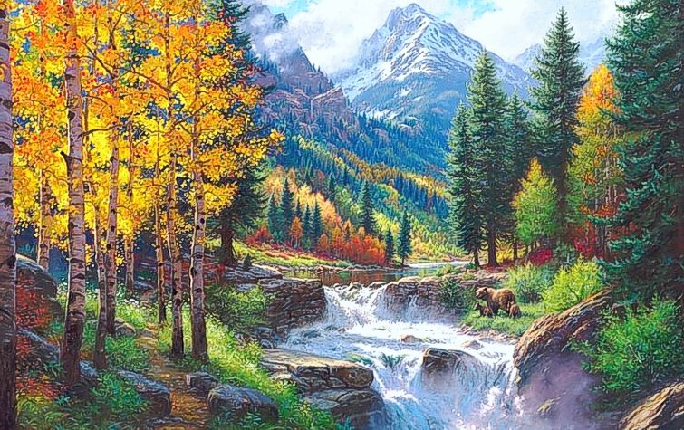 пейзаж - пейзаж, осень, река, горы, березы, лес - оригинал