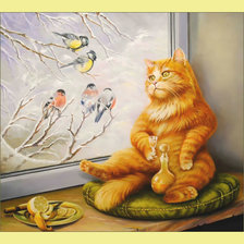 Оригинал схемы вышивки «Котик и птички.» (№2002618)