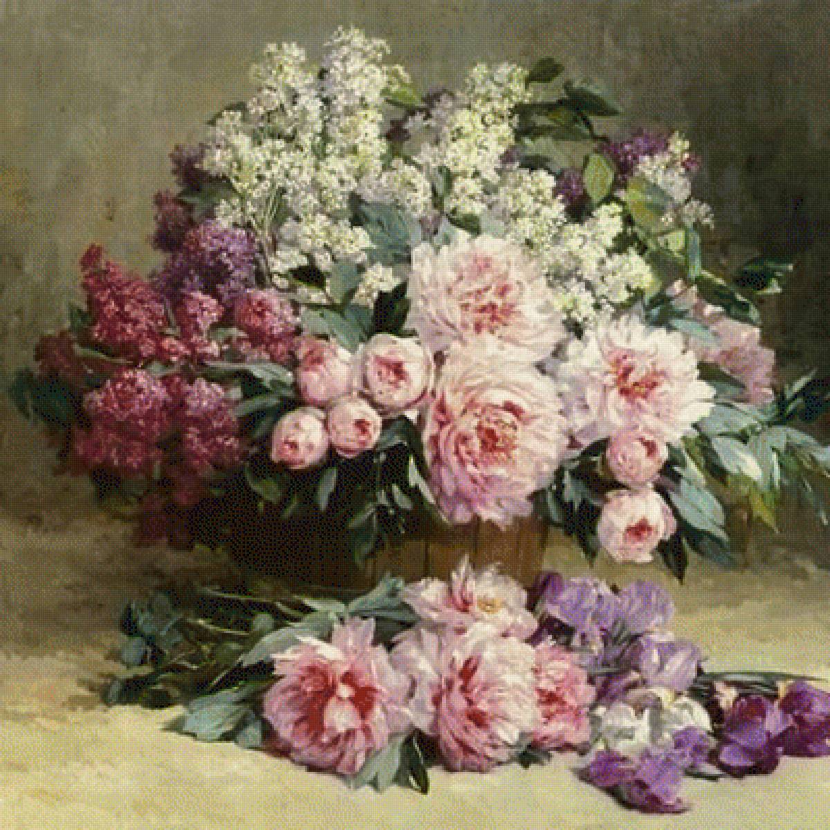 картина - гобелен, цветы, ваза, розы - предпросмотр