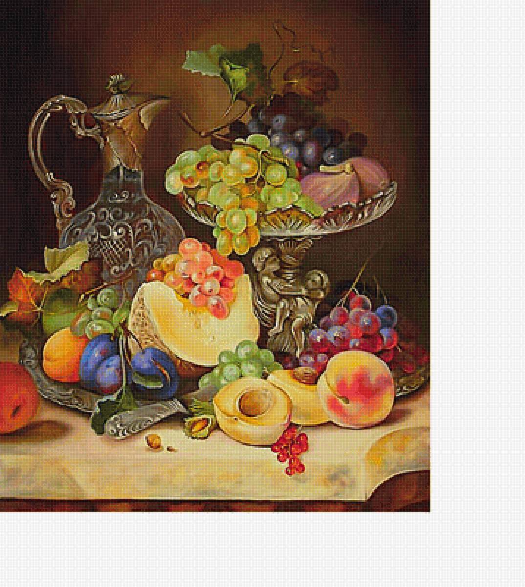 Натюрморт - персики, фрукты, виноград, кувшин, дыня, сливы - предпросмотр