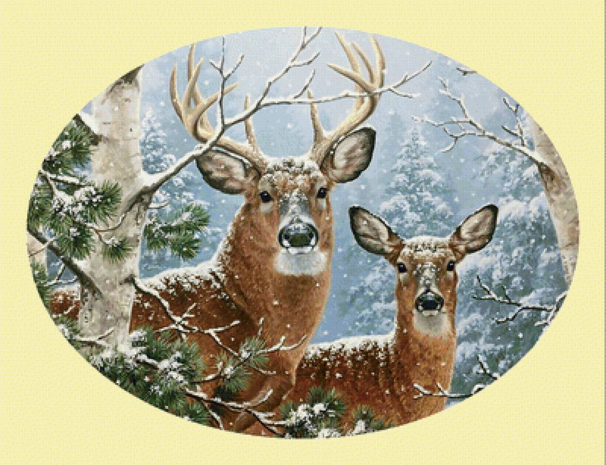 Олени в зимнем лесу. - снегопад, лес, пара, живопись, олени, зима, снег - предпросмотр