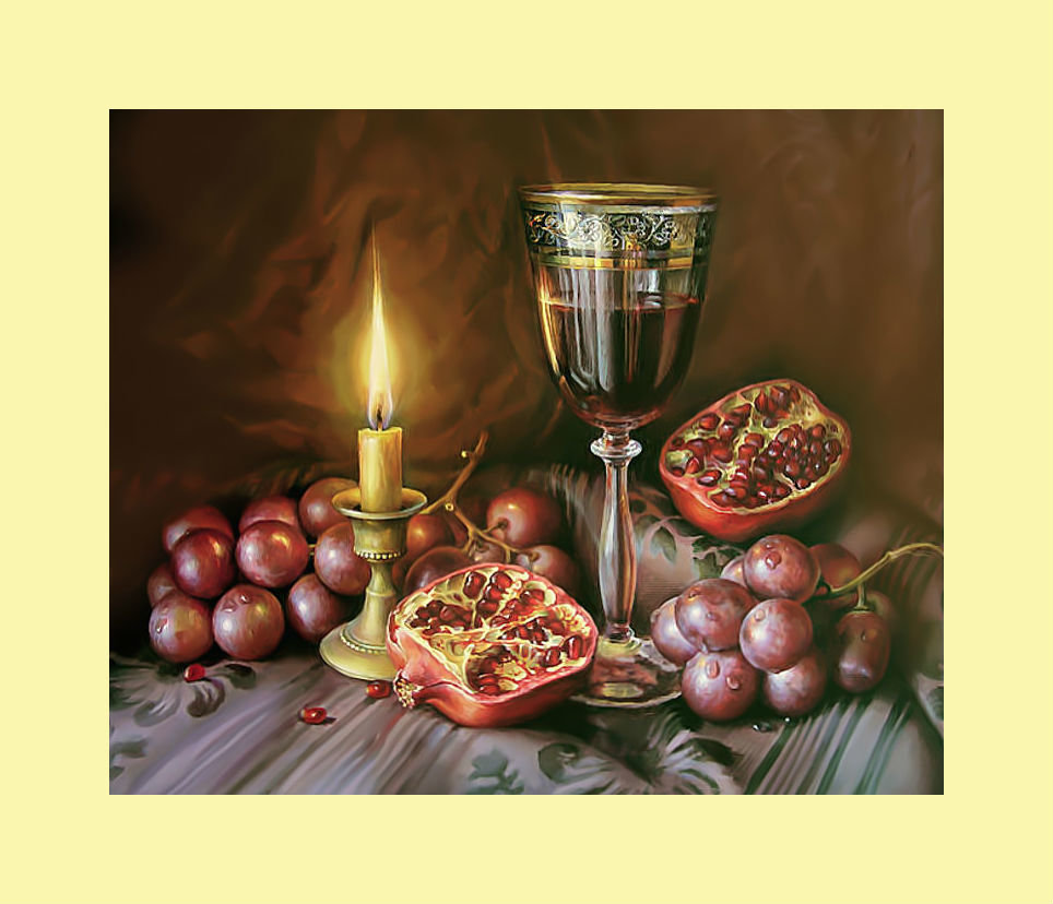 Натюрморт со свечой. - свеча, виноград, натюрморт, бокал, гранат, живопись - оригинал