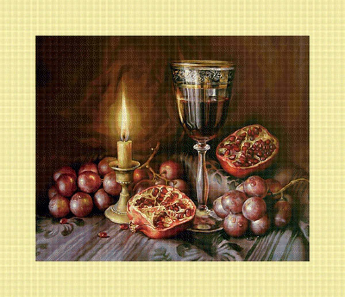 Натюрморт со свечой. - гранат, живопись, виноград, свеча, натюрморт, бокал - предпросмотр