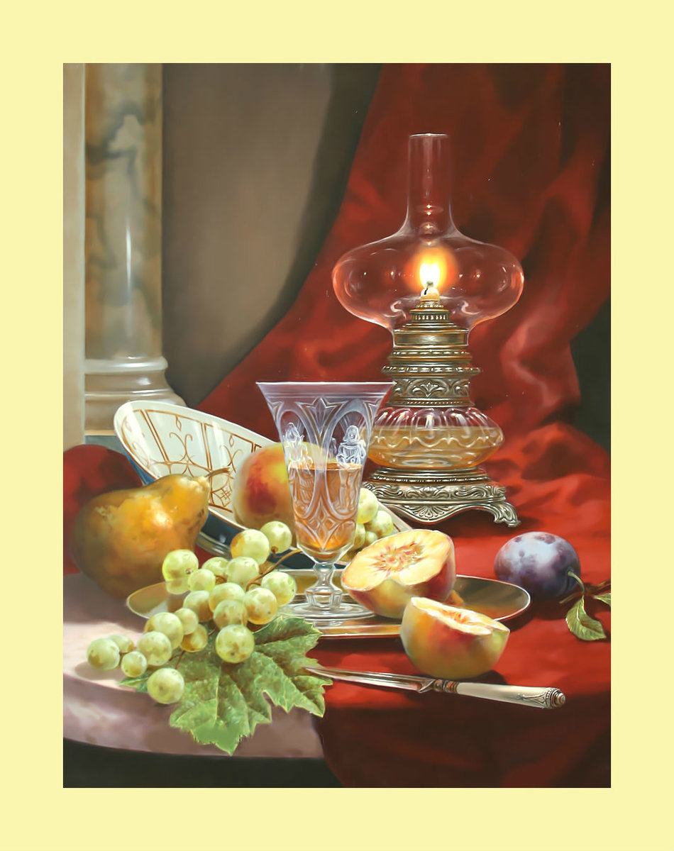 Натюрморт с керасиновой лампой. - натюрморт, лампа, живопись, фрукты - оригинал