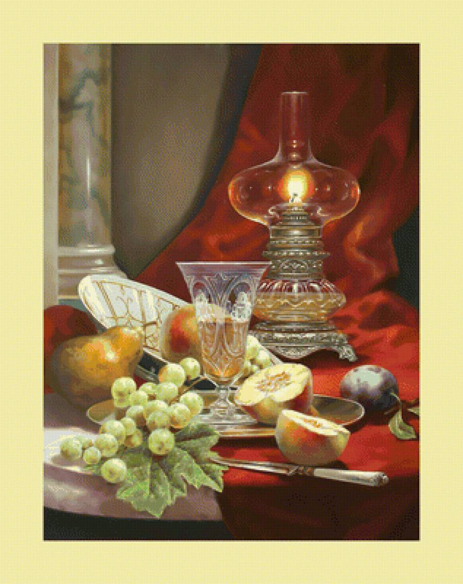 Натюрморт с керасиновой лампой. - фрукты, натюрморт, лампа, живопись - предпросмотр