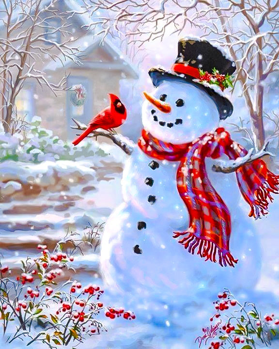 Talking with Mr.Snowman. - dona gelsinger paints.snowscenes.christmas.snowman. - оригинал