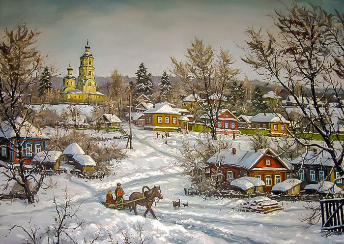 Winter in the Village. - sergey hananin painter.snowscenes.people.animals. - оригинал