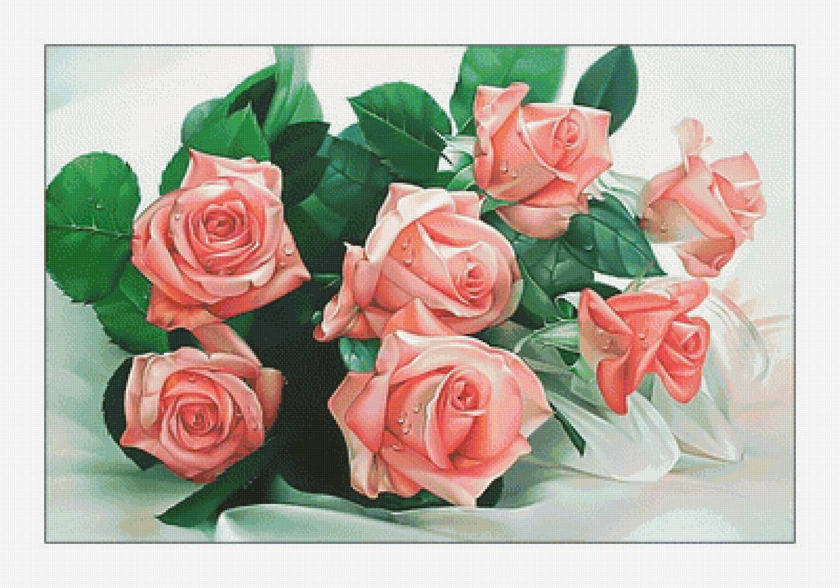 Нежные розы. - розы, букет, цветы, живопись - предпросмотр