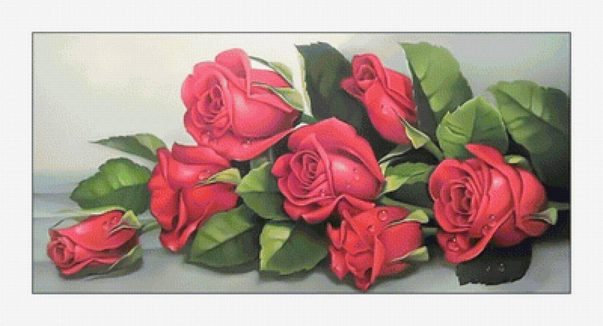 Красные розы. - розы, букет, цветы, живопись - предпросмотр
