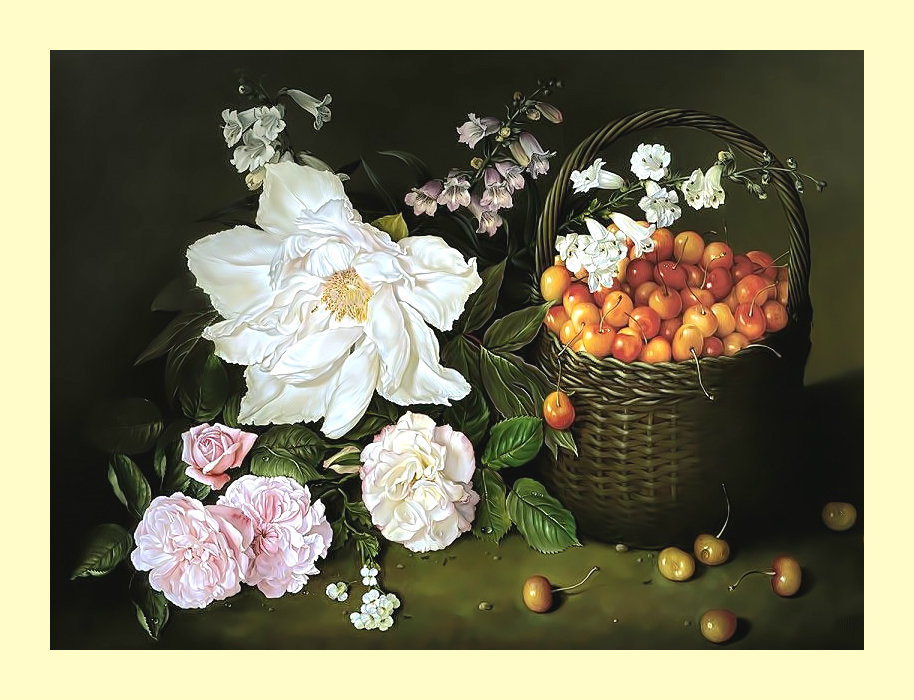 Натюрморт с черешней. - натюрморт, ягоды, черешня, цветы, пионы, корзина, вишня - оригинал
