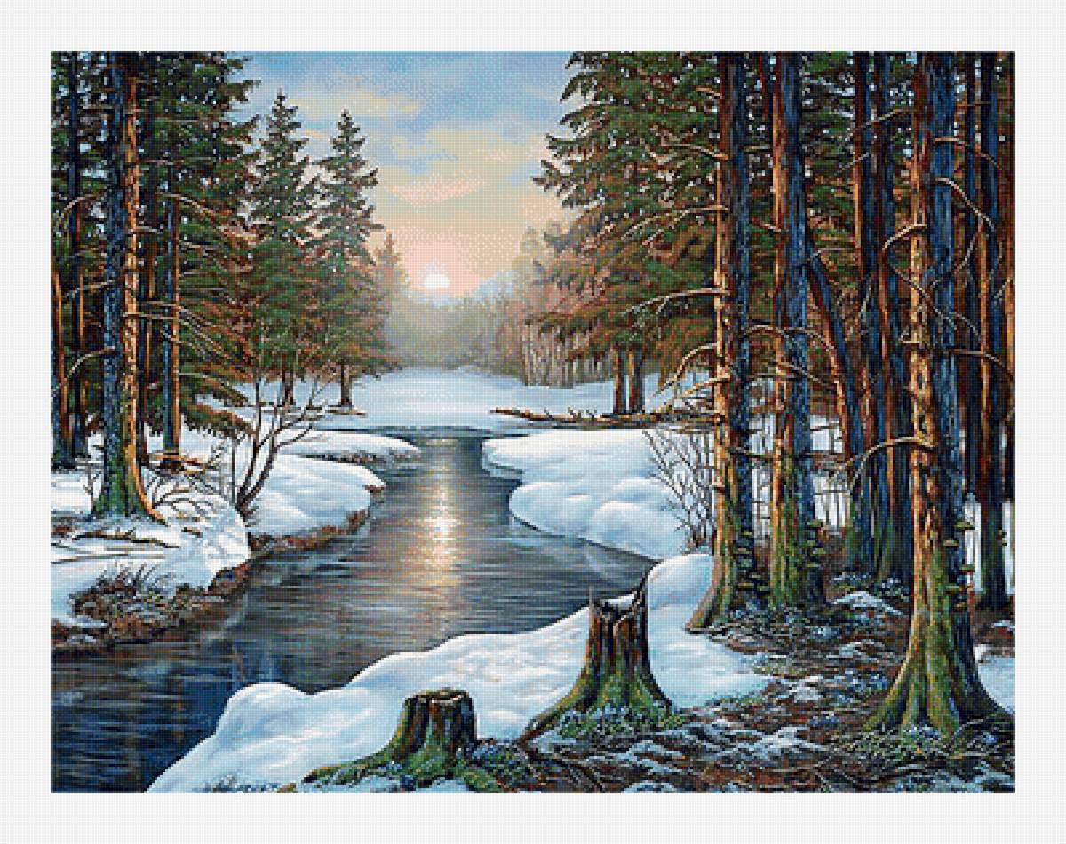 Пейзаж. Зимняя река. - лес, зима, река, живопись, пейзаж, закат - предпросмотр