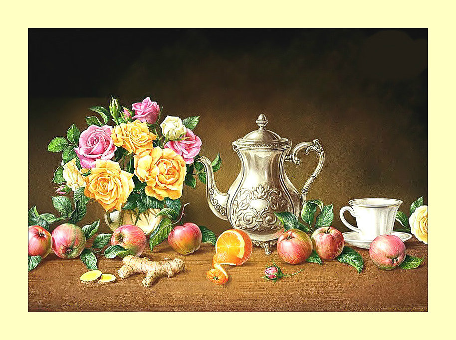 Натюрморт. - букет, фрукты, натюрморт, цветы, живопись, розы - оригинал