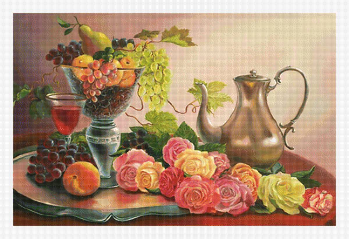 Натюрморт с фруктами и цветами. - натюрморт, живопись, ягоды, фрукты, роз, яблоки, виноград цветы - предпросмотр