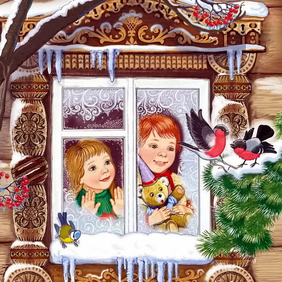 за окном снегири - снегири, дети, окно - оригинал