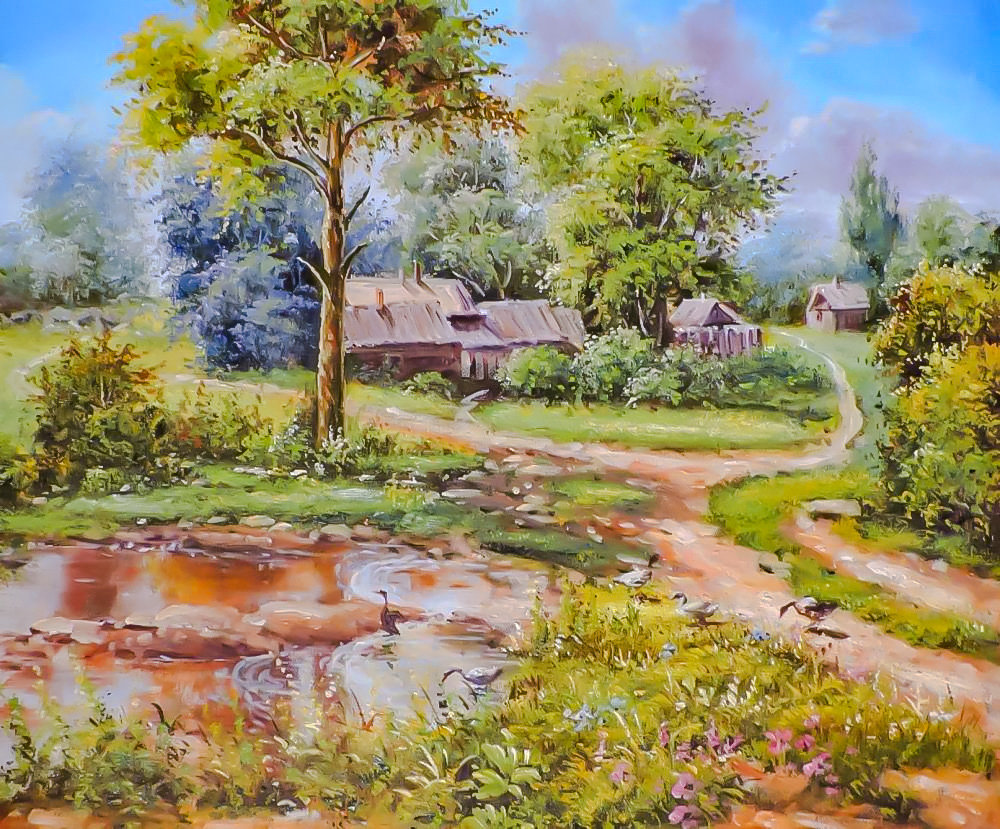 Country Morning. - ruslan smorodinov paintings.landscapes.scenarys.birds. - оригинал