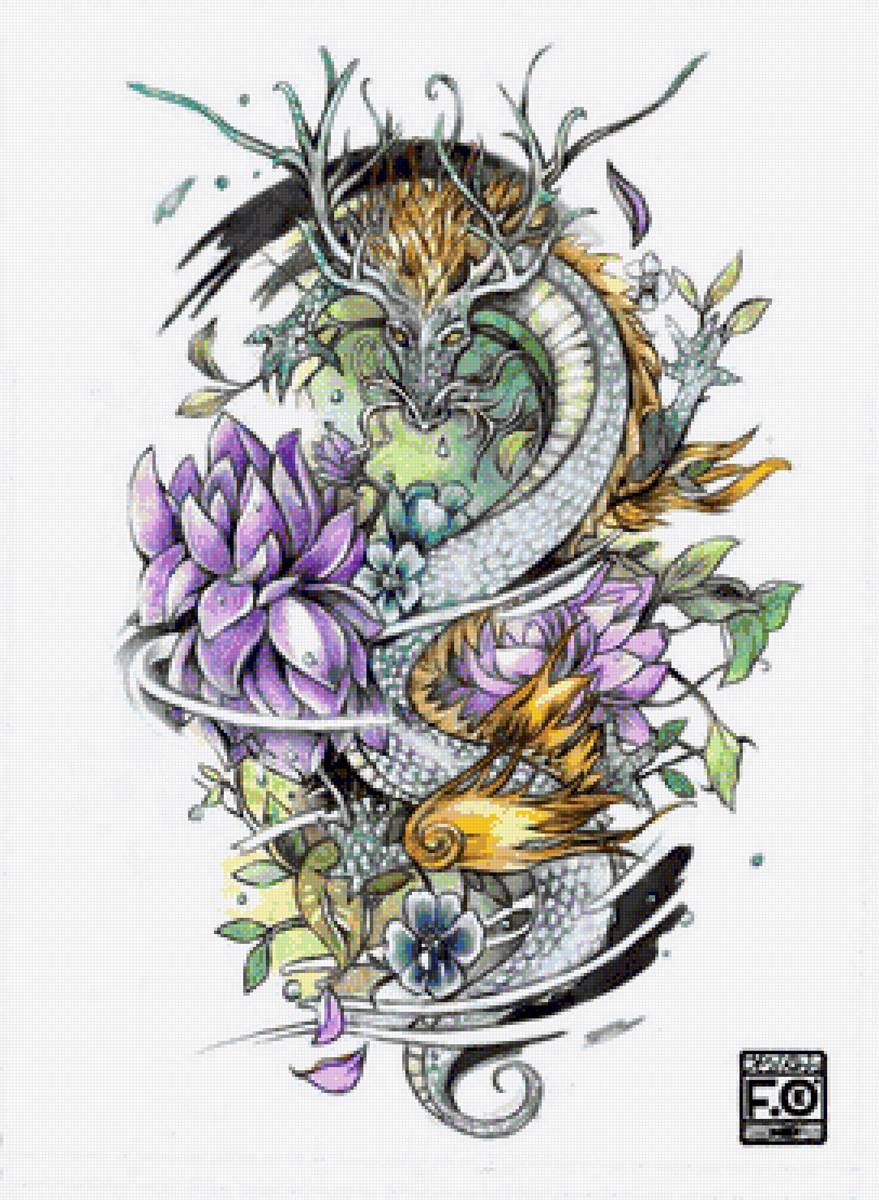 Дракон - дракон, цветы, лотос - предпросмотр