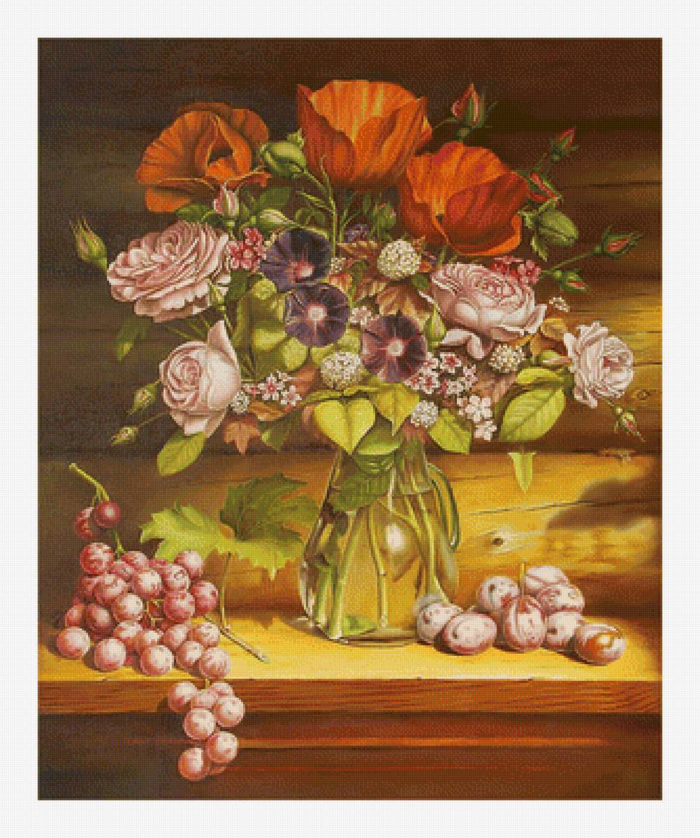 Цветочный натюрморт. - розы, виноград, букет, живопись, натюрморт, цветы, маки - предпросмотр