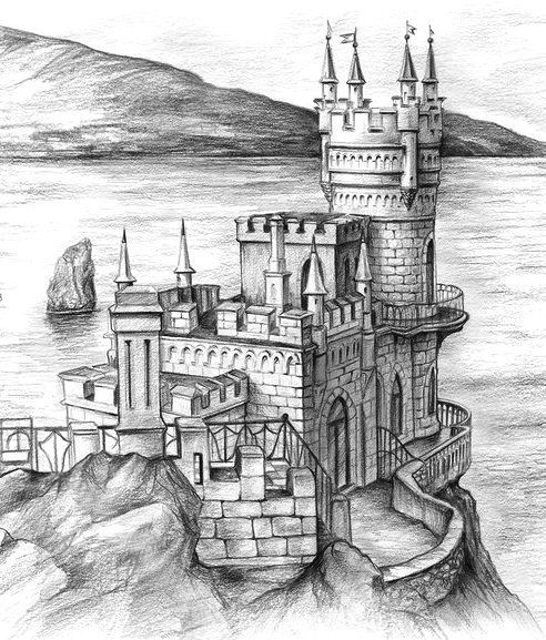 Ласточкино гнездо - графика, замок, рисунок карандашом, ласточкино гнездо - оригинал