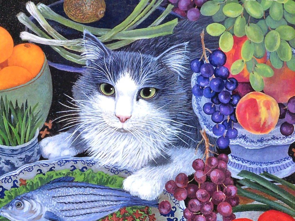 обед кота - рыба, кот, виноград - оригинал