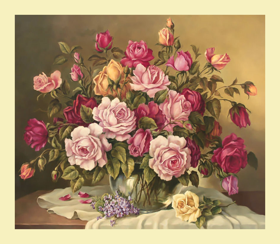 Розовый букет. - розы, цветы, живопись, ваза, букет - оригинал