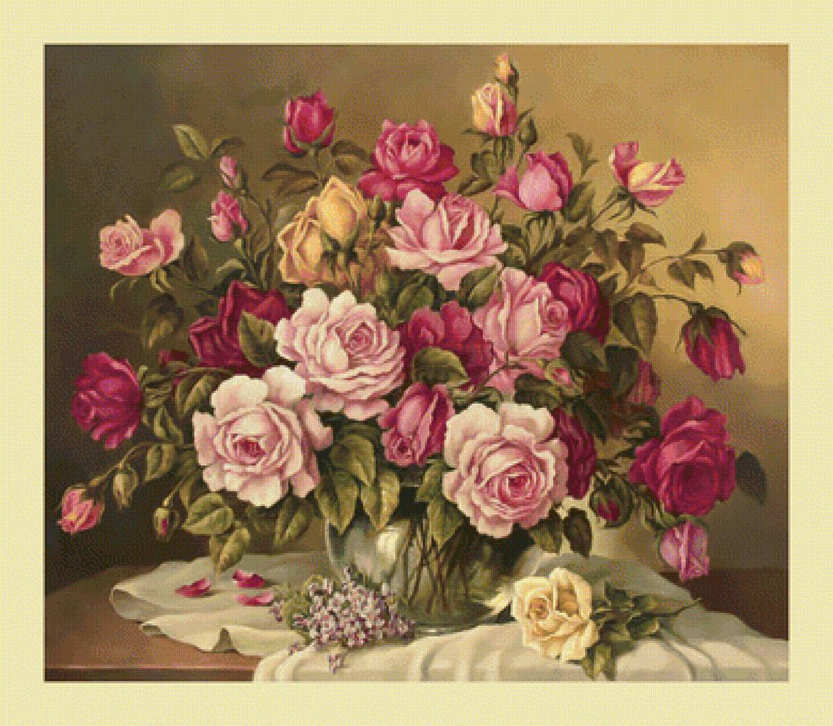 Розовый букет. - букет, живопись, розы, ваза, цветы - предпросмотр
