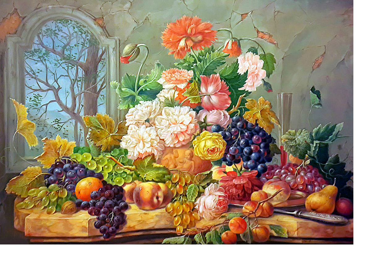Натюрморт - персики, цветы, виноград, груши - оригинал