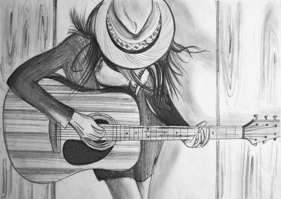 девушка с гитарой - гитара, графика, девушка, рисунок карандашом - оригинал