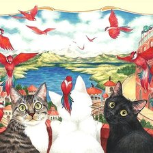 Оригинал схемы вышивки «кошки и птицы» (№2024730)