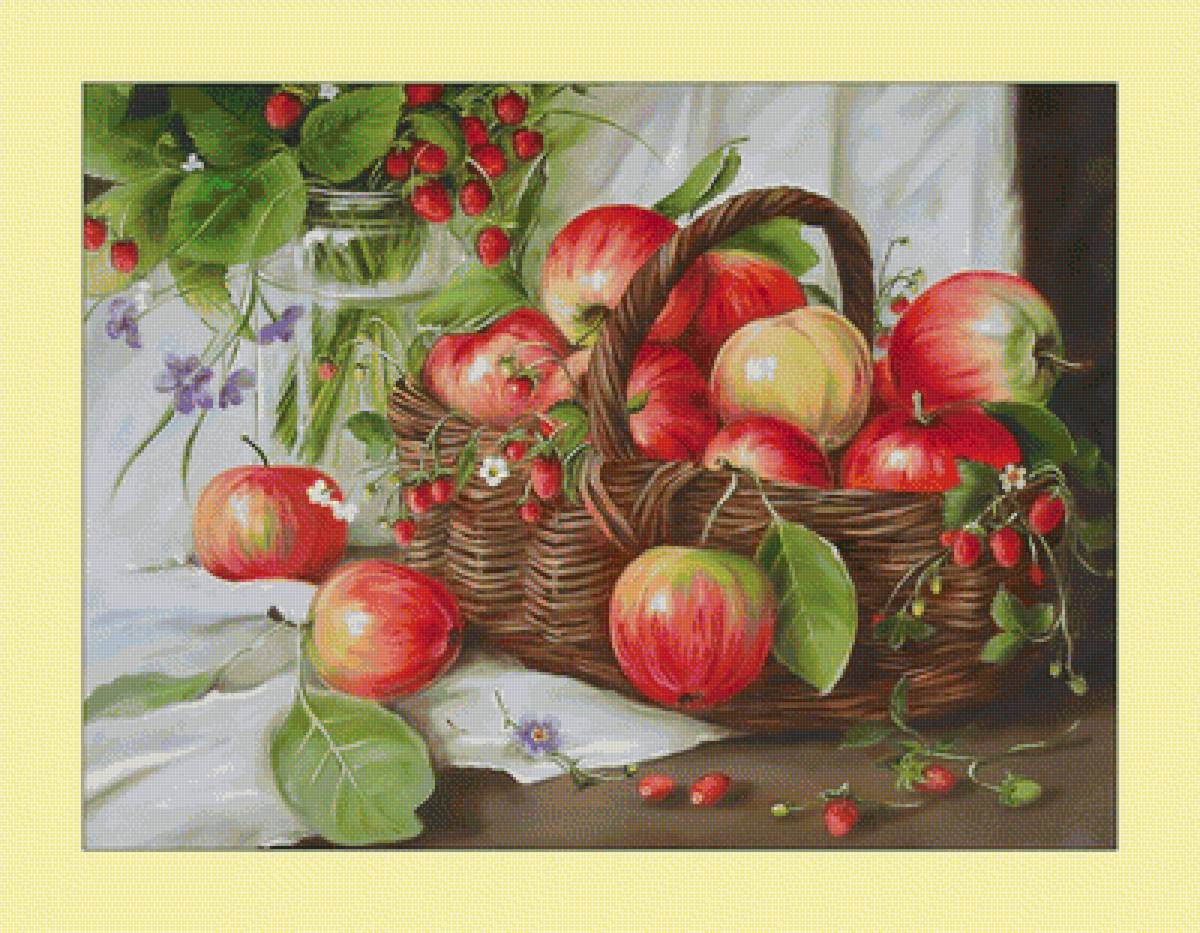 Яблочный натюрморт. - натюрморт, ягоды, живопись, корзина, яблоки - предпросмотр