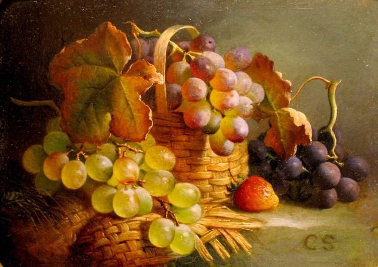 Натюрморт с виноградом - виноград, клубника, корзина - оригинал