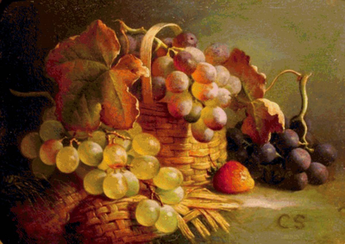 Натюрморт с виноградом - виноград, корзина, клубника - предпросмотр