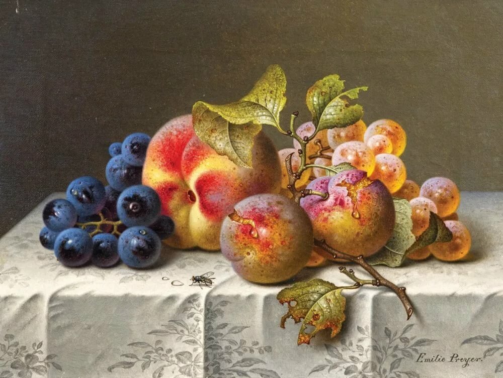 Фрукты (по картине Эмили Прейер) - стол, виноград, персики, скатерть - оригинал