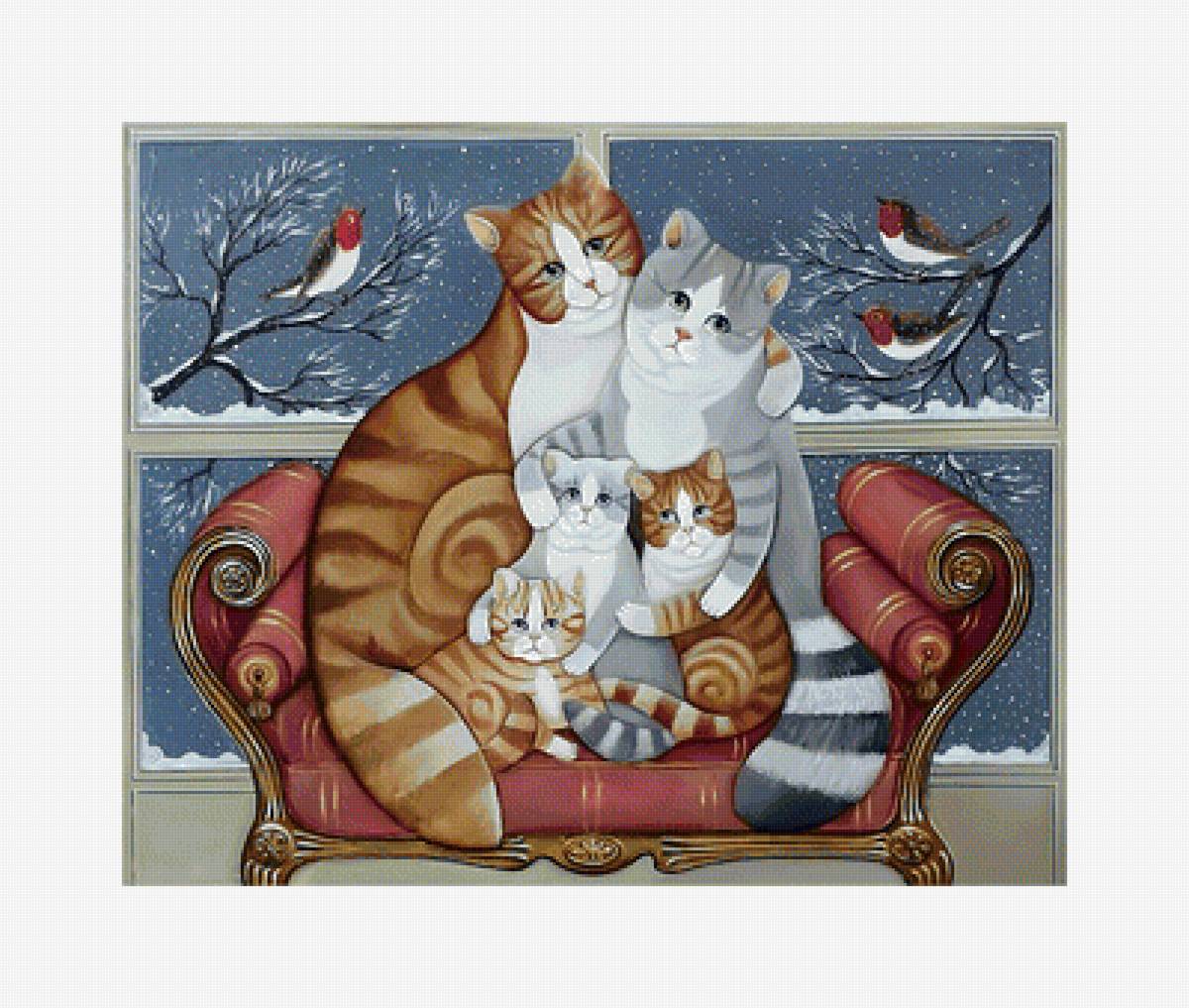 Котики. - кошки, рисунок, окно, коты, птички - предпросмотр