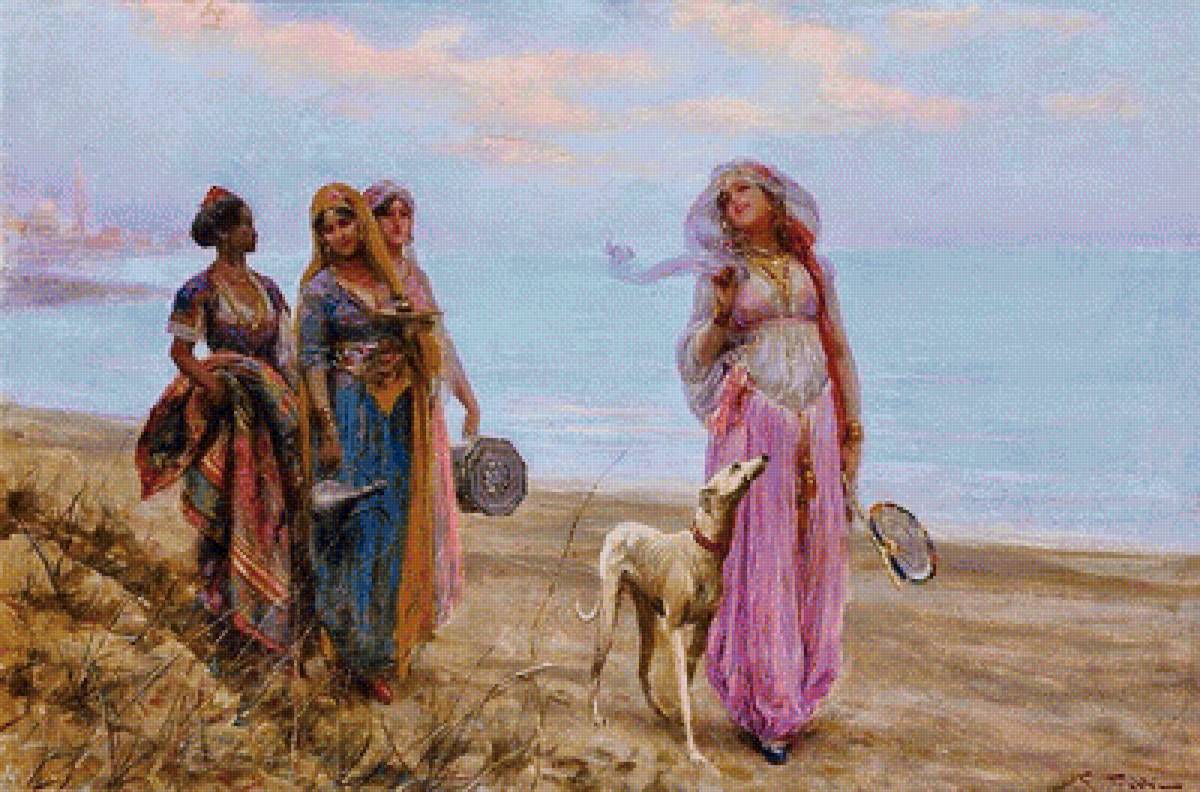 Прогулка (по картине Фредерика Бриджмана) - берег, девушки, собака, море - предпросмотр