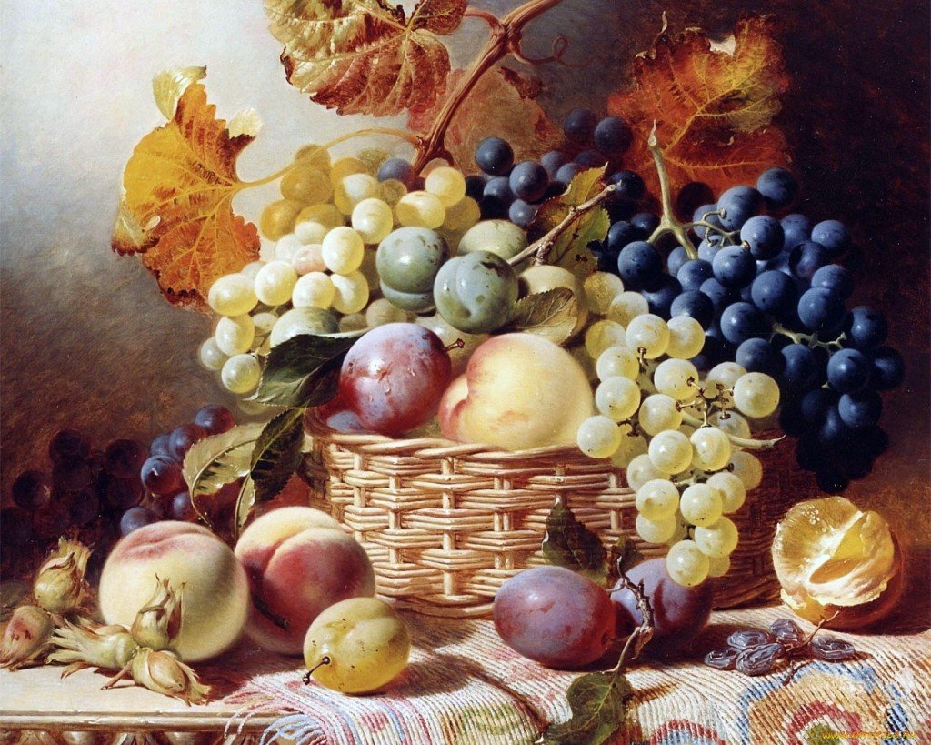 Фрукты в корзине - виноград, орехи, персики, корзина - оригинал