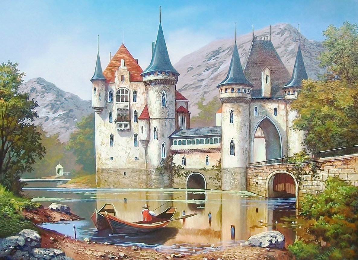 замок - горы, рыбак, деревья, река, лодка, замок - оригинал