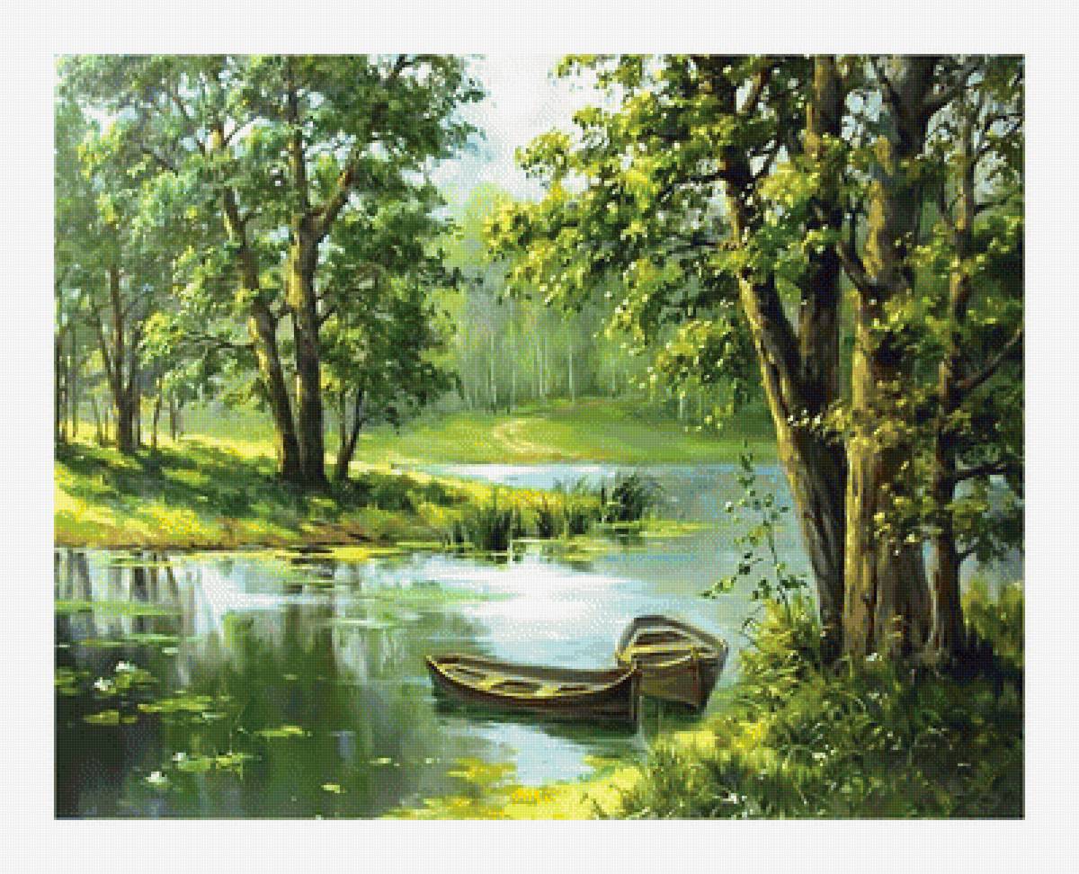 Летний пейзаж. - живопись, лодка, река, пейзаж, природа, лето, озеро - предпросмотр