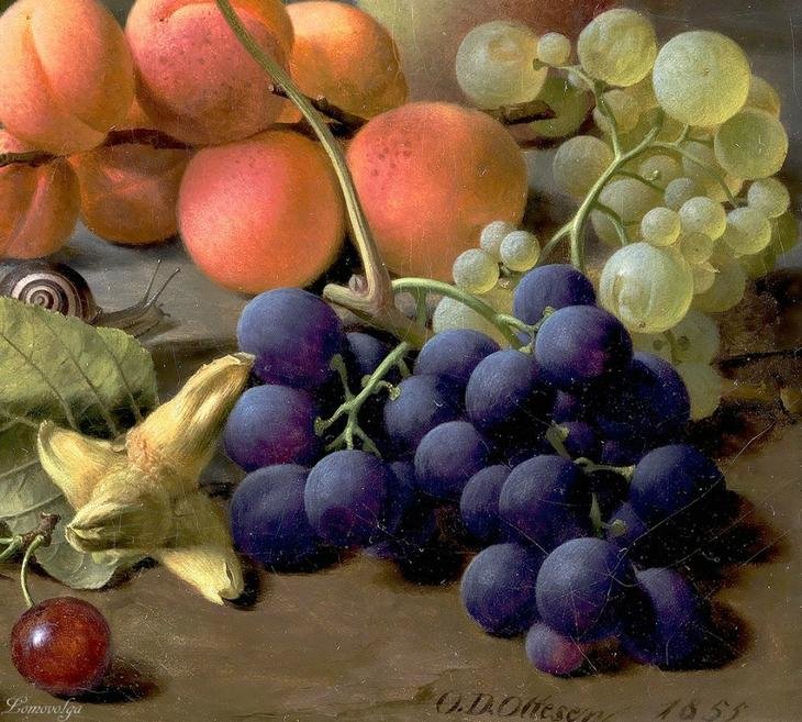 Великолепные плоды - улитка, персики, виноград - оригинал