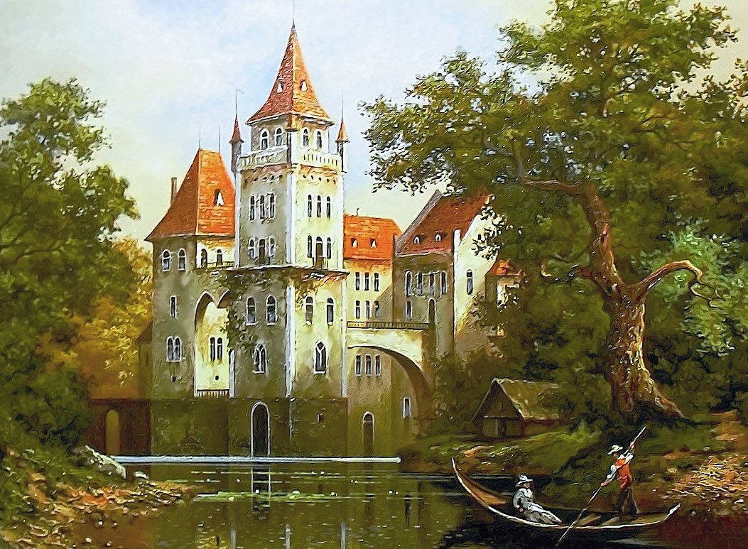 замок - лодка, замок, пейзаж, деревья, река - оригинал